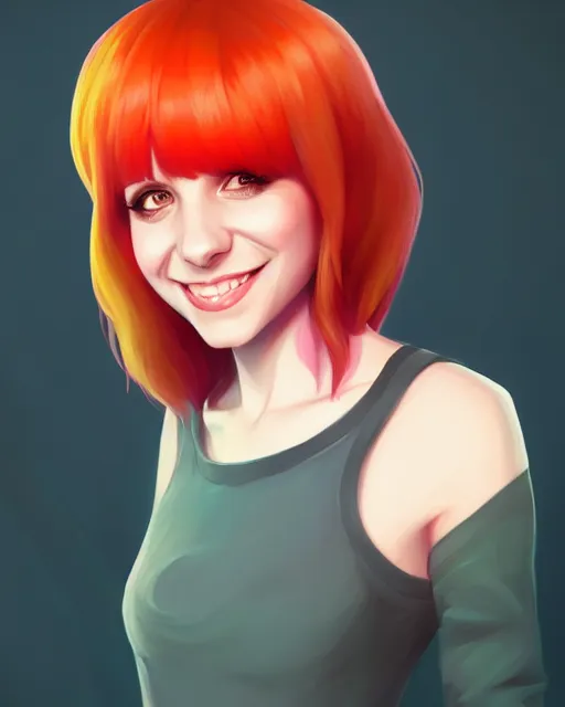 Image similar to a portrait of a beautiful full body Hayley Williams on stage smiling and dancing, art by lois van baarle and loish and ross tran and rossdraws and sam yang and samdoesarts and artgerm, digital art, highly detailed, intricate, sharp focus, Trending on Artstation HQ, deviantart, unreal engine 5, 4K UHD image