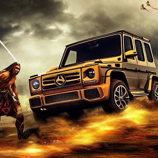 Image similar to g wagon, tribe members attacking, epic action scene, cinematic, digital art, 4k, hd, fantasy, art station