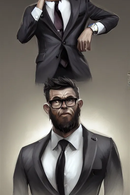 Image similar to portrait of a professional monkey!!!!!!! in a suit, ceo, studio lighting, 3 / 4 view, majestic pose, corporate business, trending on artstation, artgerm, cgsociety