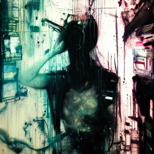 Prompt: i live in cyber dreams, glitchcore wires, machines, by jeremy mann, francis bacon and agnes cecile, and dave mckean ink drips, paint smears, digital glitches glitchart