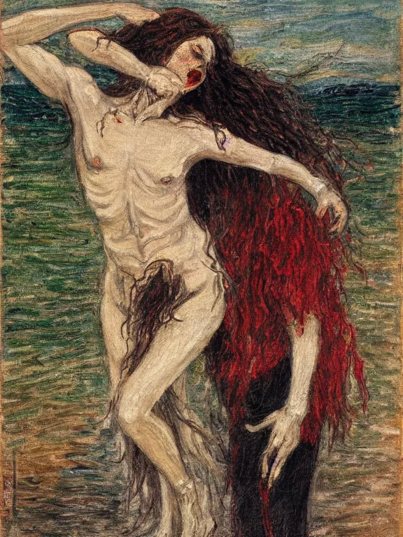 Prompt: young man's skeleton dancing with a long-haired drowned woman, pale, dark background, impressionism