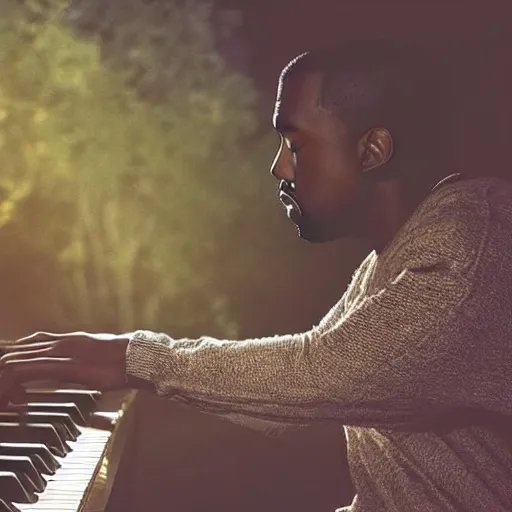 Prompt: Kanye West playing the piano in the middle of a garden, vintage camera, dreamy, atmospheric, golden hour, cinematic lighting, 8K concept art