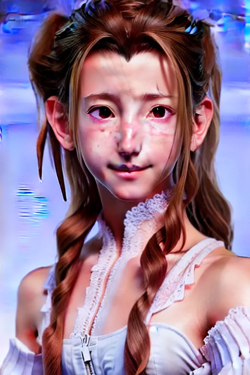 Image similar to subject : detailed full body portrait illustration of aerith gainsborough perfect face, medium : oil on canvas, style : realistic pose study portrait, maximalist, accurate, full color chiaroscuro artist : tetsuya nomura, 4 k, focus : full body and head