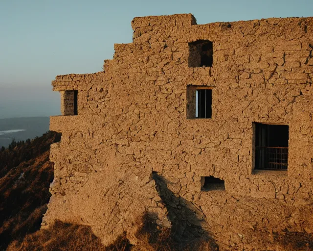 Prompt: house made of stone, on a cliff, sunrise, 3 5 mm photography