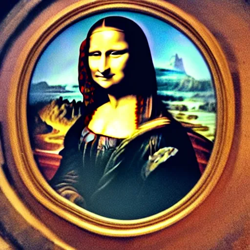 Image similar to portrait of the mona lisa, photography, photorealistic, shot on a wide angle fisheye lens