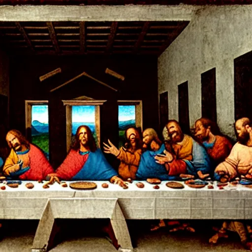 Image similar to an American comic book panel of The Last Supper by Leonardo da Vinci