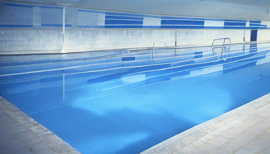 Image similar to 1 9 6 0 s movie still of empty blue tiles swimmingpool, cinestill 8 0 0 t 3 5 mm, high quality, heavy grain, high detail, panoramic, ultra wide lens, cinematic composition, dramatic light, flares, anamorphic, liminal space