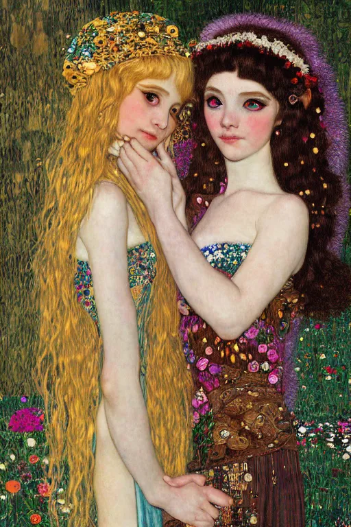 Prompt: two beautiful young elf maidens, fantasy, kiss, highly detailed, artstation, illustration, art by Gustav Klimt