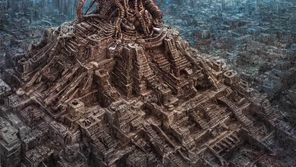 Prompt: aliens brainsuckers kills sacrifice aztecs on top of aztec pyramids, perfect faces, fine details, studio lighting, close view, subtle shadows, art by katsuya terada, photorealism, hyper realism, octane render, hyper detailed, medium shot, 8 k, raw, unedited, in - frame,