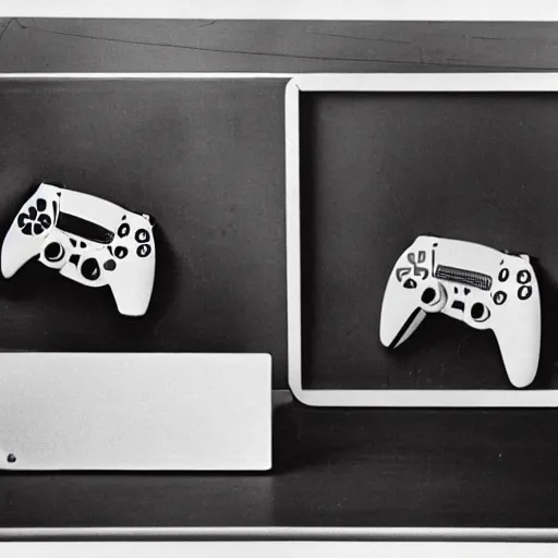 Prompt: 1 9 6 0's photo of a playstation 5. 3 5 mm, black and white, advertising photography