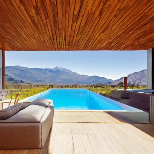 Image similar to a sunny covered lounge with a swimming pool with clean water next to a large window with a view of the mountains, photo