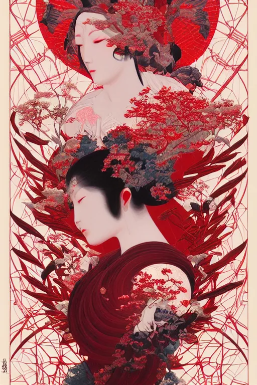 Image similar to breathtaking detailed red gardian mao baby in glace sphere no futur taiwan concept art painting art deco pattern of birds goddesses amalmation flowers, by hsiao ron cheng, tetsuya ichida, bizarre compositions, exquisite detail, extremely moody lighting, 8 k, art nouveau, old chines painting