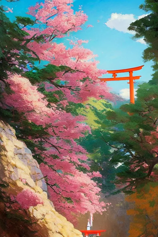 Prompt: a traditional Japanese quite Torii on a mountain，sunshine, pink petals fly, by studio ghibli painting, wide angle , low-angle shot, by Joaquin Sorolla rhads Leyendecker, by Ohara Koson and Thomas Kinkade, traditional Japanese colors, superior quality, masterpiece