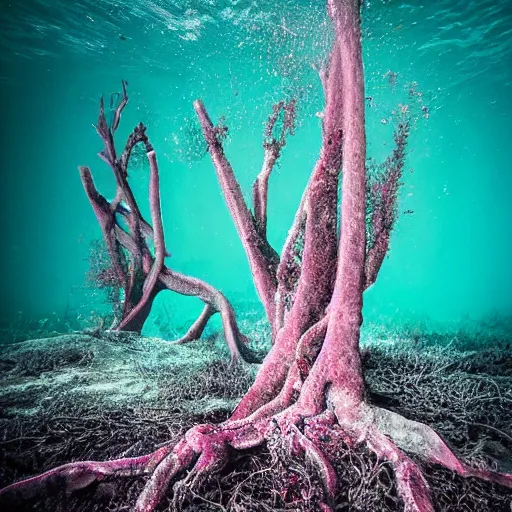 Image similar to roots underwater, award winning magenta and white photography, high contrast, high definition