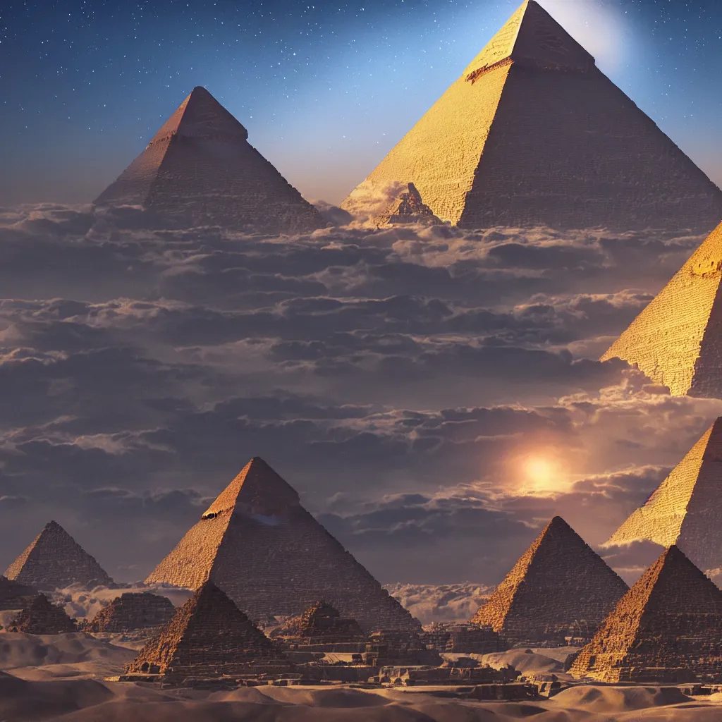 Prompt: magical pyramids of egypt glowing in universe space, octane render, 8k, extremely detailed