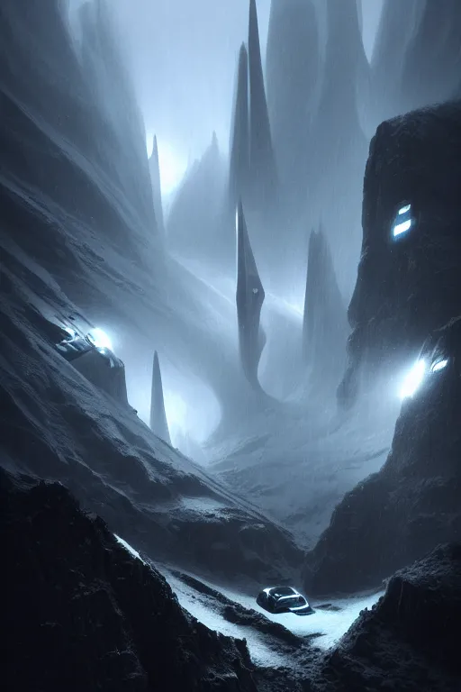 Image similar to futuristic atmosphere in the snowy mountains dolomites 3 d concept art, cinematic lighting, bladerunner scene, intricate details, building by zaha hadid, stormy weather, emissary space by arthur haas and bruce pennington and john schoenherr, cinematic matte painting, dark moody monochrome colors, trending on artstation, featured on behance