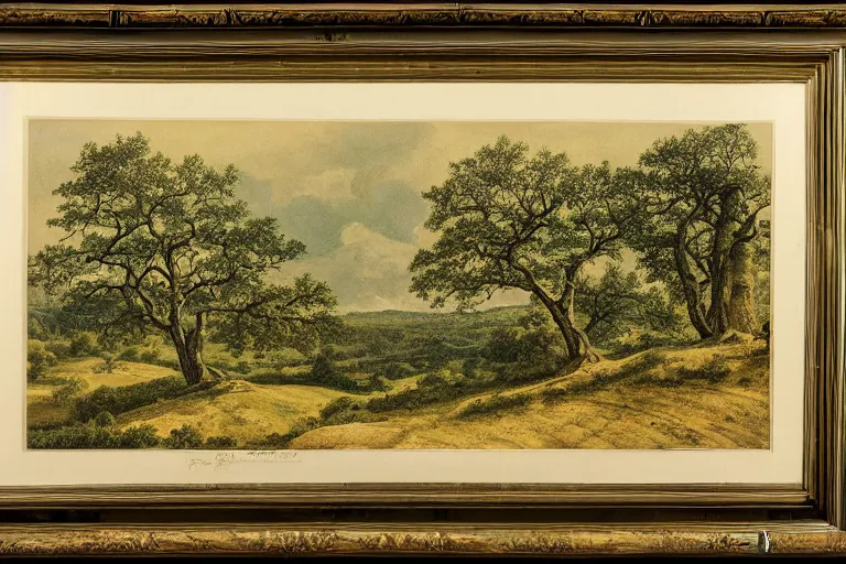 Prompt: masterpiece print of oak trees on a hillside overlooking a creek, by william seltzer rice