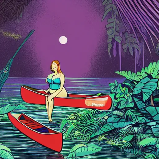 Image similar to a woman lying down in a canoe that is floating down a river on an alien planet, in the background is lush alien jungle, detailed face background detail, graphic novel,