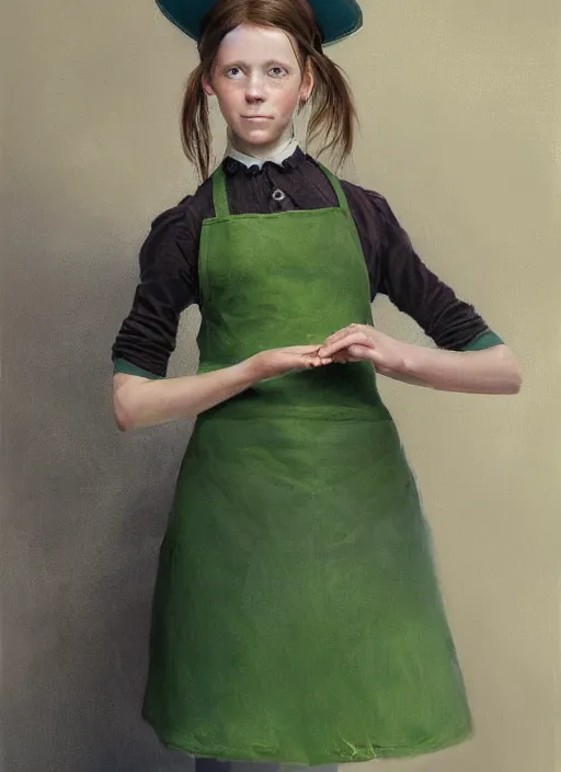 Prompt: a portrait of tiffany aching, an eleven year old girl with brown hair in a ponytail. she is wearing a simple light green dress with an apron and a black pointed witch hat. beautiful painting with highly detailed face by greg rutkowski and magali villanueve