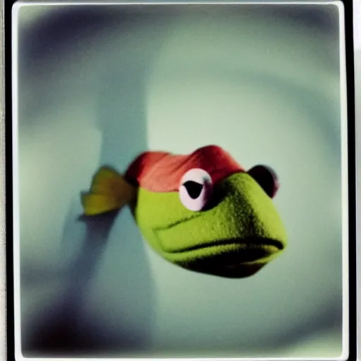 Prompt: Kermit the fish, polaroid photo, instax, white frame, by Warhol,