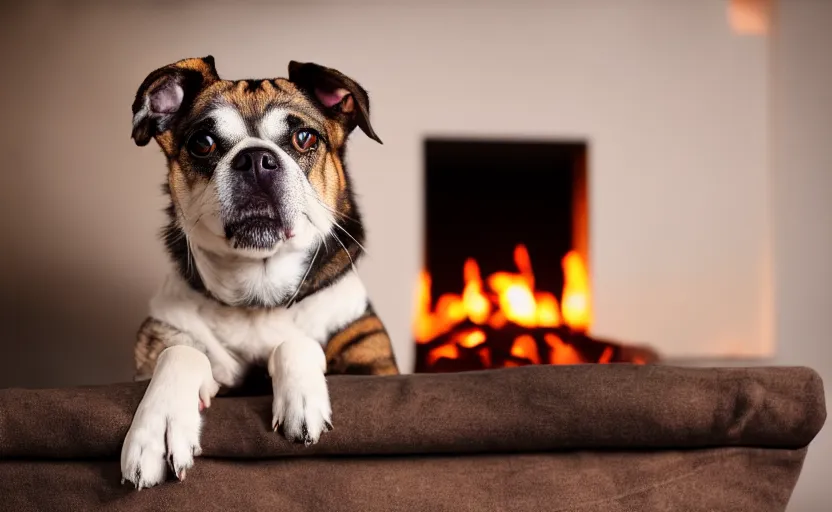 Image similar to studio photography of a dog in front of a fireplace, detailed face, cinematic lighting, 8 k