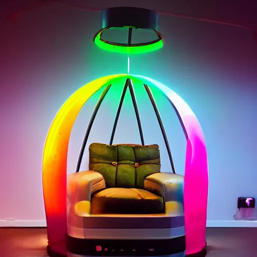 Prompt: futuristic sci - fi professional lighting. hobby diy engineering photo in a slick neon cyberpunk environment. tensegrity captain's chair integrated into a giant button laden cylindrical station inspired by the shape of a hooded chrome egg avocado bean armature on a dais.