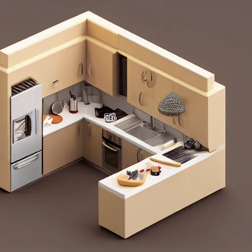 Prompt: isometric chubby kitchen, c 4 d style, 1 0 0 mm, dof, octane render, studio lighting