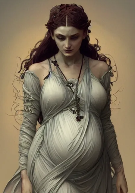 Image similar to sansa pregnant mummy zombie, intricate, elegant, highly detailed, digital painting, artstation, concept art, smooth, sharp focus, illustration, art by artgerm and greg rutkowski and alphonse mucha and william - adolphe bouguereau