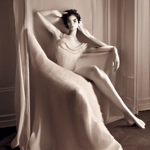 Image similar to delicate, semi transparant, high couture dress, super model, warm light, studio setting by marc lagrange