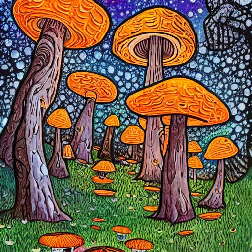 Image similar to acrylic painting , whole page illustration , art in the style of Terry Moore, a tiny village carved into the side of a tree, inhabited by elves and faeries, the outside lights are bioluminescent mushrooms and fungi intricately detailed