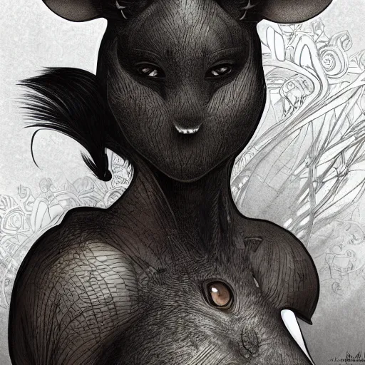 Image similar to a photograpic portrait of a anthropomorphic mouse wearing black clothes, black hair, grey skin, grey mouse ears, fantasy, intricate, elegant, highly detailed, digital painting, artstation, smooth, sharp focus, illustration, art by artgerm and H R Giger and alphonse mucha