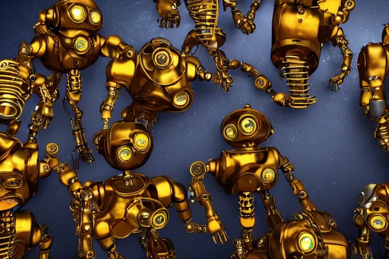 Prompt: a queue of 7 golden and blue metal humanoid steampunk robots wearing and gears and tubes, eyes are glowing red lightbulbs, shiny crisp finish, 3 d render, 8 k, insaneley detailed, fluorescent colors, background is an entrance door to a futuristic nightclub, nightlight