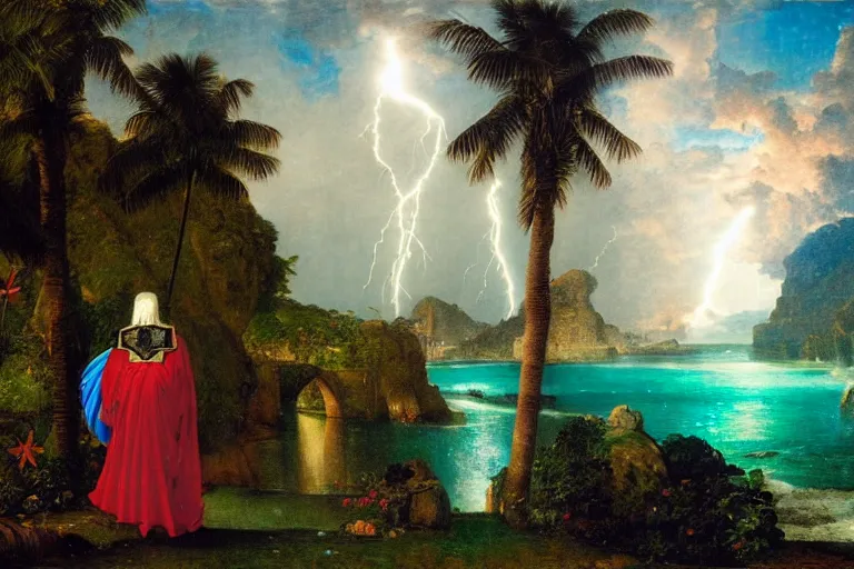 Image similar to Knight leaving the palace through the bridge, refracted sparkles, thunderstorm, beach and Tropical vegetation on the background major arcana sky and symbols, by paul delaroche, hyperrealistic 4k uhd, award-winning, very detailed paradise