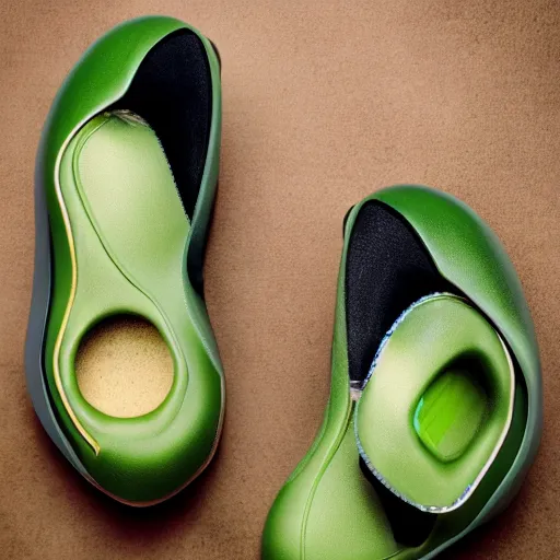 Image similar to Futuristic shoes in the shape of an avocado advertisement photo