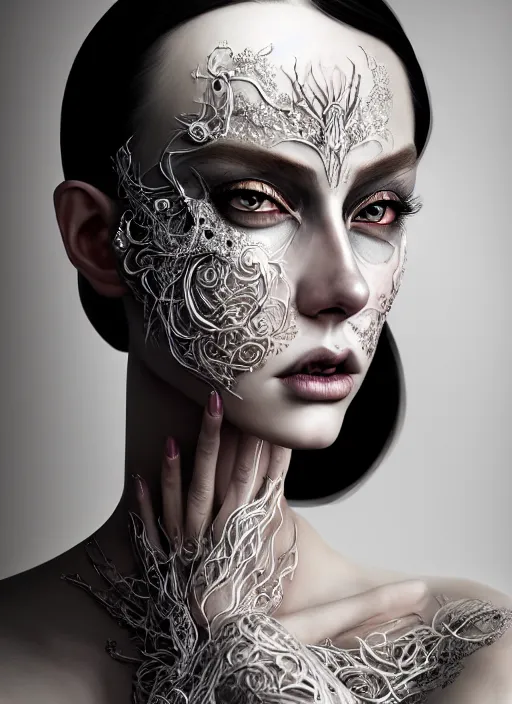 Prompt: portrait of an absurdly beautiful, graceful, sophisticated, fashionable dark witch, hyperdetailed illustration by irakli nadar and vania zouravliov, matt wisniewski style, intricate linework, white porcelain skin, day - glow face paint, unreal engine 5 highly rendered, global illumination, radiant light, detailed and intricate environment