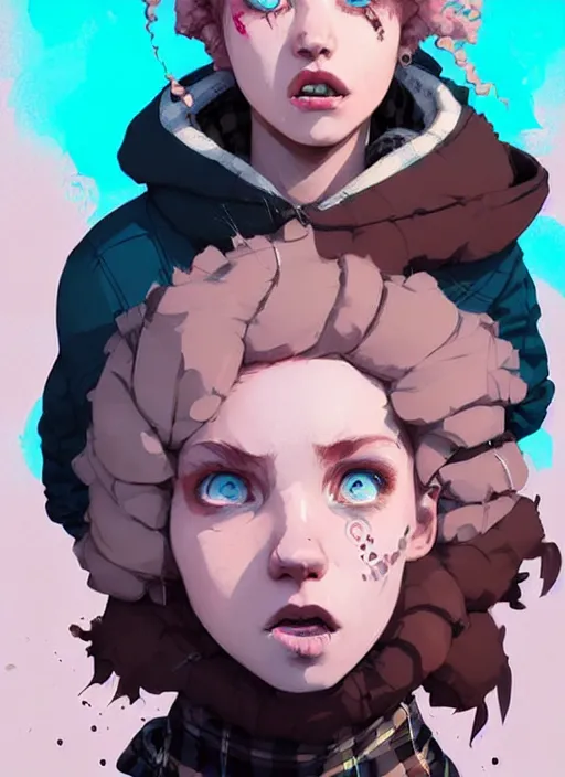 Image similar to highly detailed portrait of a sewer punk lady student, blue eyes, tartan hoody, curly hair by atey ghailan, by greg rutkowski, by greg tocchini, by james gilleard, by joe fenton, by kaethe butcher, gradient pink, brown, light blue and white color scheme, grunge aesthetic!!! ( ( graffiti tag wall background ) )