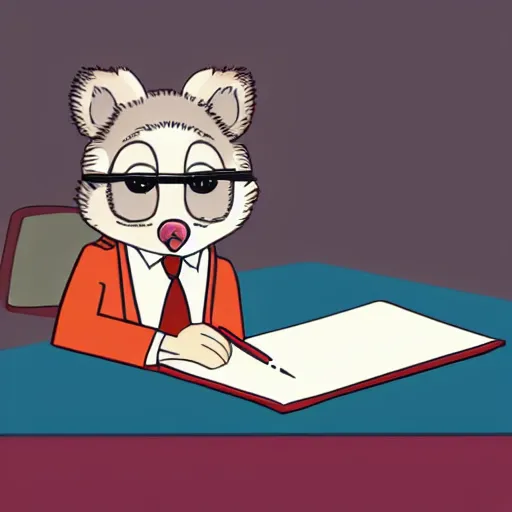 Prompt: high quality photorealistic digital illustration of an opossum named paw - paw who is a lawyer. he is wearing glasses and taking notes on a legal pad. in the style of louie zong