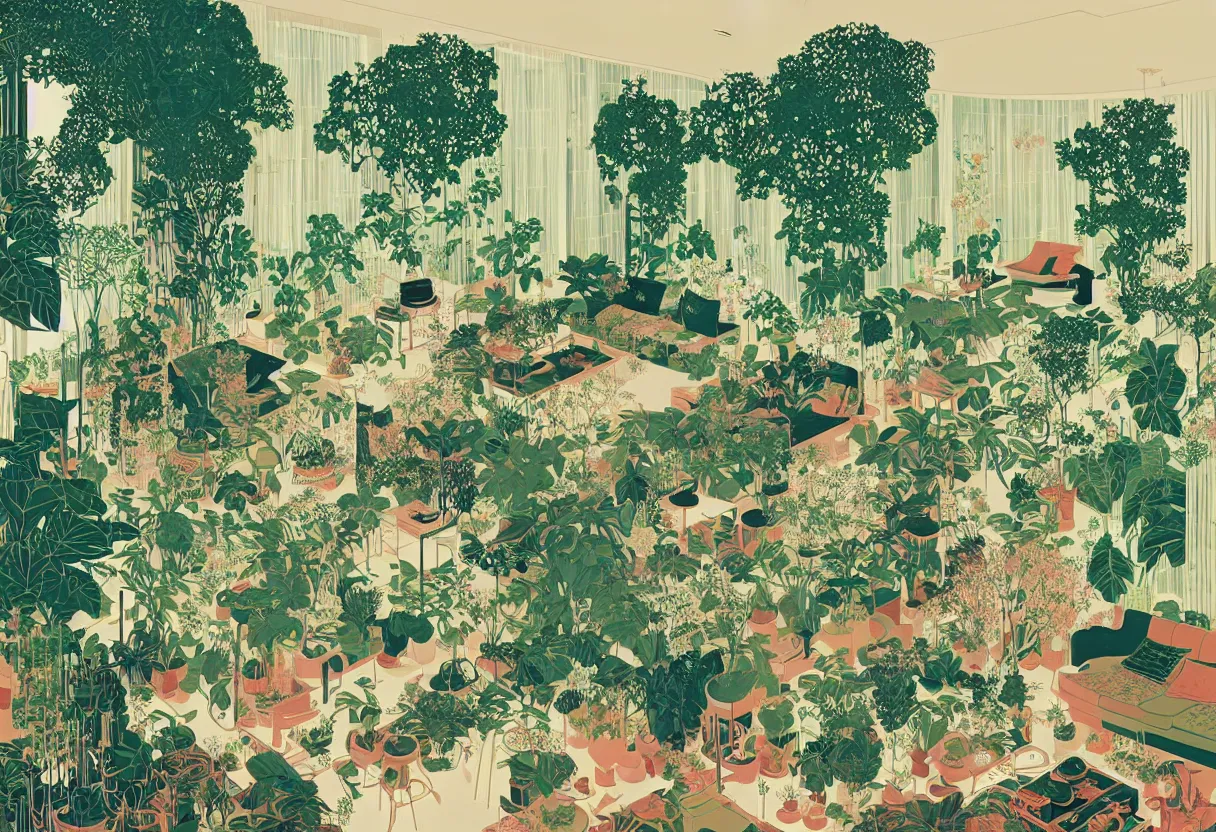 Image similar to luxury living room full of plants and trees by victo ngai