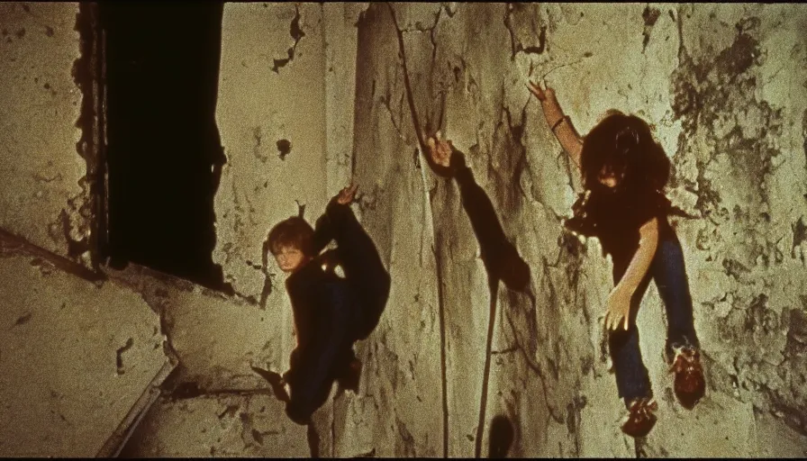 Image similar to 7 0 s film still from a horror movie about angry children climbing the walls of an abandoned church, kodachrome, cinecolor, cinestill, film grain, film texture, retro, cinematic, high resolution, photorealism,