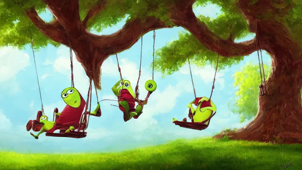 Prompt: mike wazowski sitting on a swing by a large oak tree, beautiful landscape, vivid colors, by robert kondo, concept art