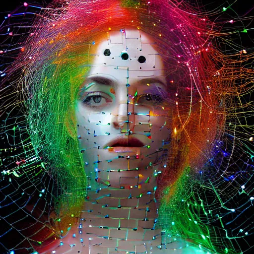 Prompt: woman cyborg, led display on forehead, wires, glitched, pixel sorting, mimmo rotella, alan bean, john chamberlain, peter kemp