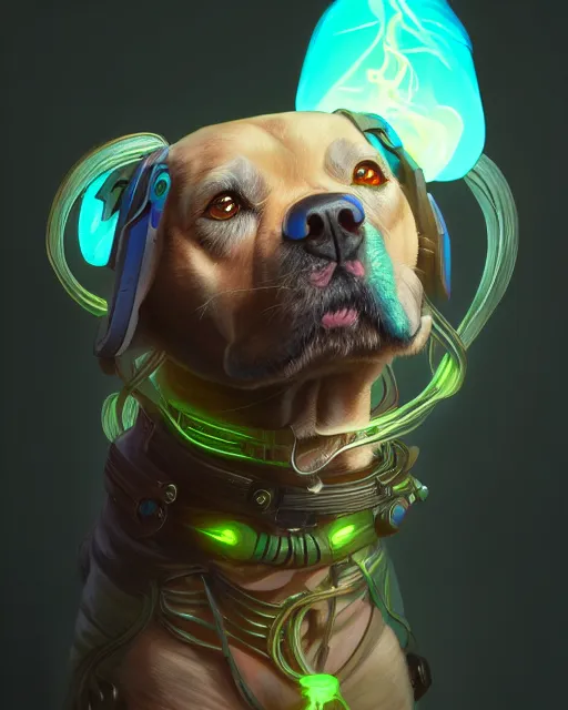 Image similar to one singular portrait of a cute bioluminescent dog-man, highly detailed, digital painting, cinematic, hyper realism, dark retrowave, art by Stanley Lau and Artgerm and magali villeneuve and Alphonse Mucha, artstation, octane render, cgsociety