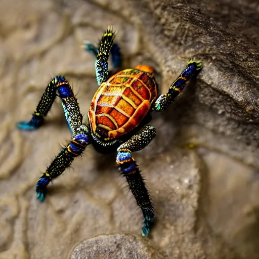 Image similar to spider turtle hybrid, bold natural colors, national geographic photography, masterpiece, in - frame, canon eos r 3, f / 1. 4, iso 2 0 0, 1 / 1 6 0 s, 8 k, raw, unedited, symmetrical balance