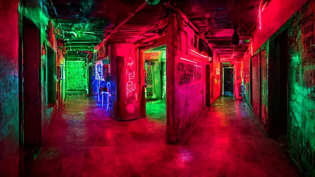 Prompt: detailed photograph of a extremely narrow nightclub hallway with a ( ( neon ) ) sign, aztec architecture, dimly lit