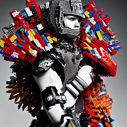 Prompt: a portrait of a beautiful young male wearing an alexander mcqueen armor made of legos , photographed by andrew thomas huang, artistic