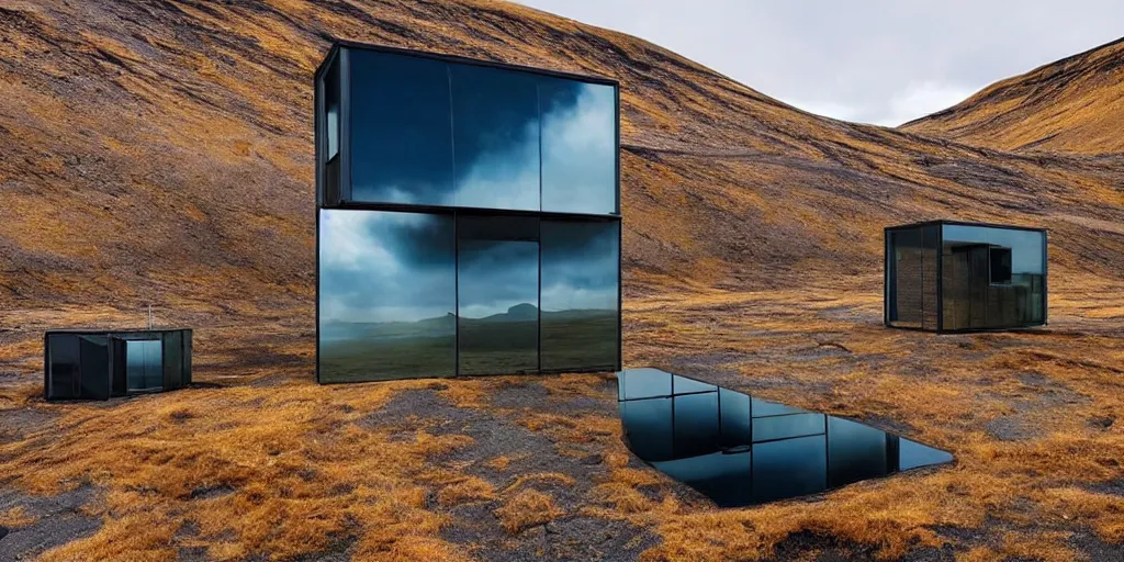 Image similar to futuristic architect house made from deconstucted burnt wood and mirrors, floating, portal, refraction, iceland landscape photography, by lurie belegurschi and gunnar freyr