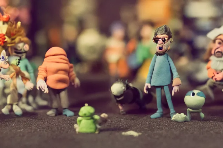 Image similar to cinematic screenshot of a stop motion claymation film about a wacky adventure starring george r r martin, shallow depth of field, 1 8 mm, f 1. 8