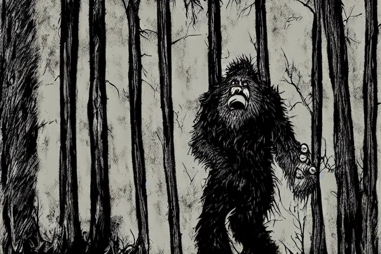 Image similar to mad bigfoot screaming in the woods artwork by ben templesmith