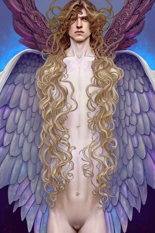 Image similar to symmetrical, beautiful young fit male angel with curly blond hairs, dressed with fluent clothes, majestic wings, luminous halo, by greg rutkowski and alphonse mucha, d & d character, gradient white to gold, in front of an iridescent background, highly detailed portrait, digital painting, artstation, concept art, smooth, sharp focus ilustration, artstation hq