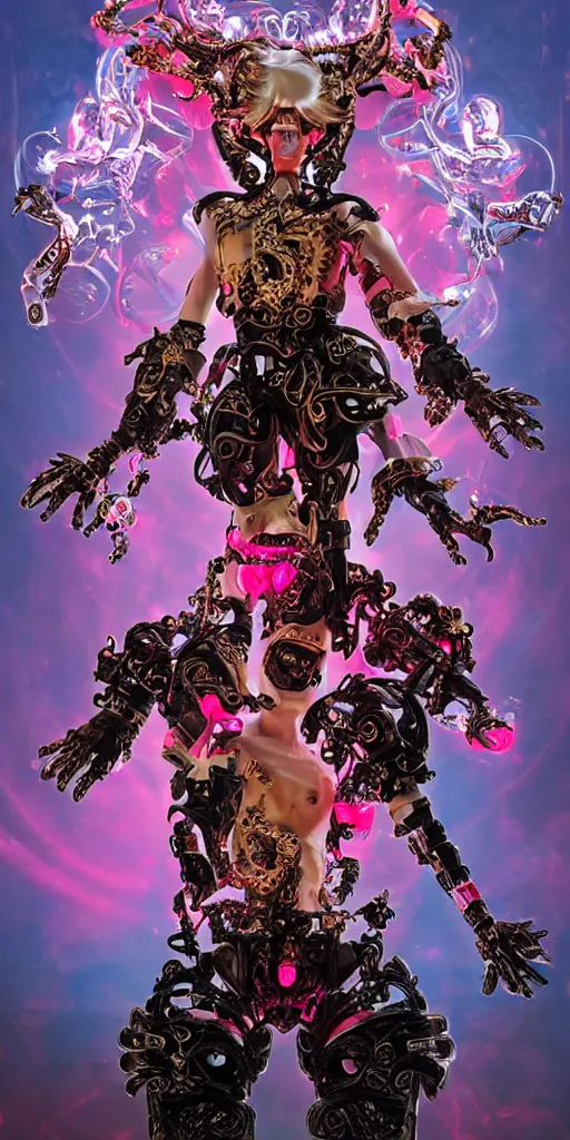 Image similar to baroque and cyberpunk style full-body sculpture of a young seductive Hispanic prince half android with a chest exposing a glowing ruby battery, glowing pink seductive laser eyes, crown of blue gears and diamonds, swirling salmon-colored silk fabric, robotic raptors dinosaurs. baroque elements. full-length view. intricate artwork by caravaggio. art by Artgerm and Greg Rutkowski and Alphonse Mucha, Trending on artstation, cinematic industrial lighting, photorealistic, octane render, 8k, depth of field, 3D